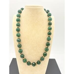 Vintage Green Faceted Bead Necklace with Gold-Tone Links & Pavé Magnetic Clasp